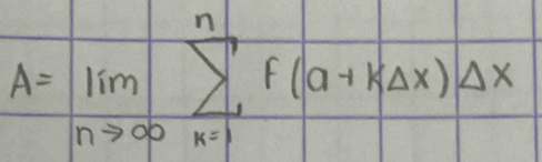 A=limlimits _nto ∈fty sumlimits _(k=1)^nf(a+kDelta x)Delta x