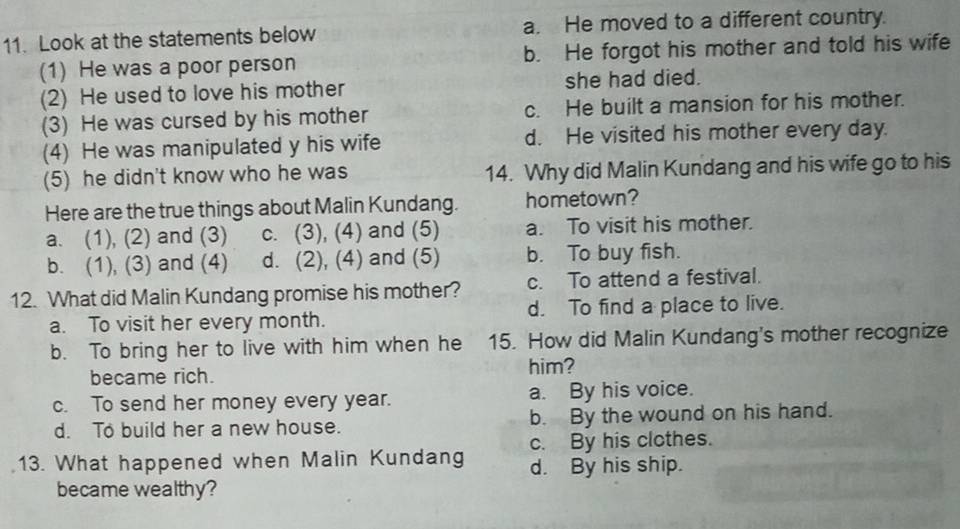 Look at the statements below a. He moved to a different country.
(1) He was a poor person b. He forgot his mother and told his wife
(2) He used to love his mother she had died.
(3) He was cursed by his mother c. He built a mansion for his mother.
(4) He was manipulated y his wife d. He visited his mother every day.
(5) he didn't know who he was 14. Why did Malin Kundang and his wife go to his
Here are the true things about Malin Kundang. hometown?
a. (1), (2) and (3) c. (3), (4) and (5) a. To visit his mother.
b. (1), (3) and (4) d. (2), (4) and (5) b. To buy fish.
12. What did Malin Kundang promise his mother? c. To attend a festival.
a. To visit her every month. d. To find a place to live.
b. To bring her to live with him when he 15. How did Malin Kundang's mother recognize
became rich.
him?
c. To send her money every year. a. By his voice.
d. To build her a new house. b. By the wound on his hand.
c. By his clothes.
13. What happened when Malin Kundang d. By his ship.
became wealthy?