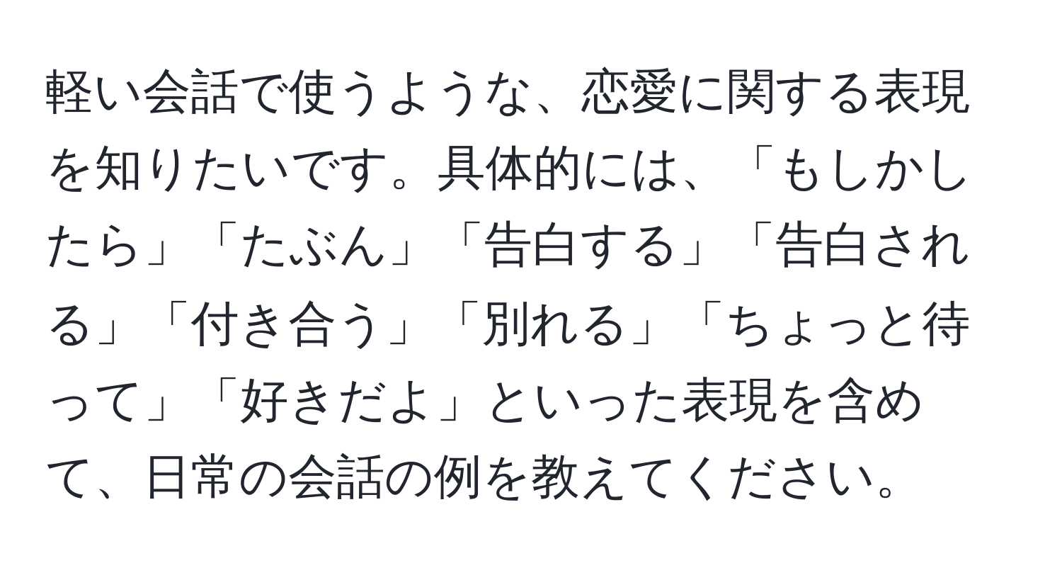 軽い会話で使うような、恋愛に関する表現を知りたいです。具体的には、「もしかしたら」「たぶん」「告白する」「告白される」「付き合う」「別れる」「ちょっと待って」「好きだよ」といった表現を含めて、日常の会話の例を教えてください。