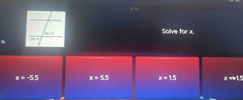 Solve for x.
x=-5.5
x=5.5
x=1.5
x=+1.5