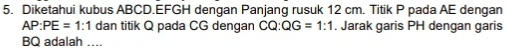 Diketahui kubus ABCD. EFGH dengan Panjang rusuk 12 cm. Titik P pada AE dengan
AP:PE=1:1 dan titik Q pada CG dengan CQ:QG=1:1. Jarak garis PH dengan garis
BQ adalah ....