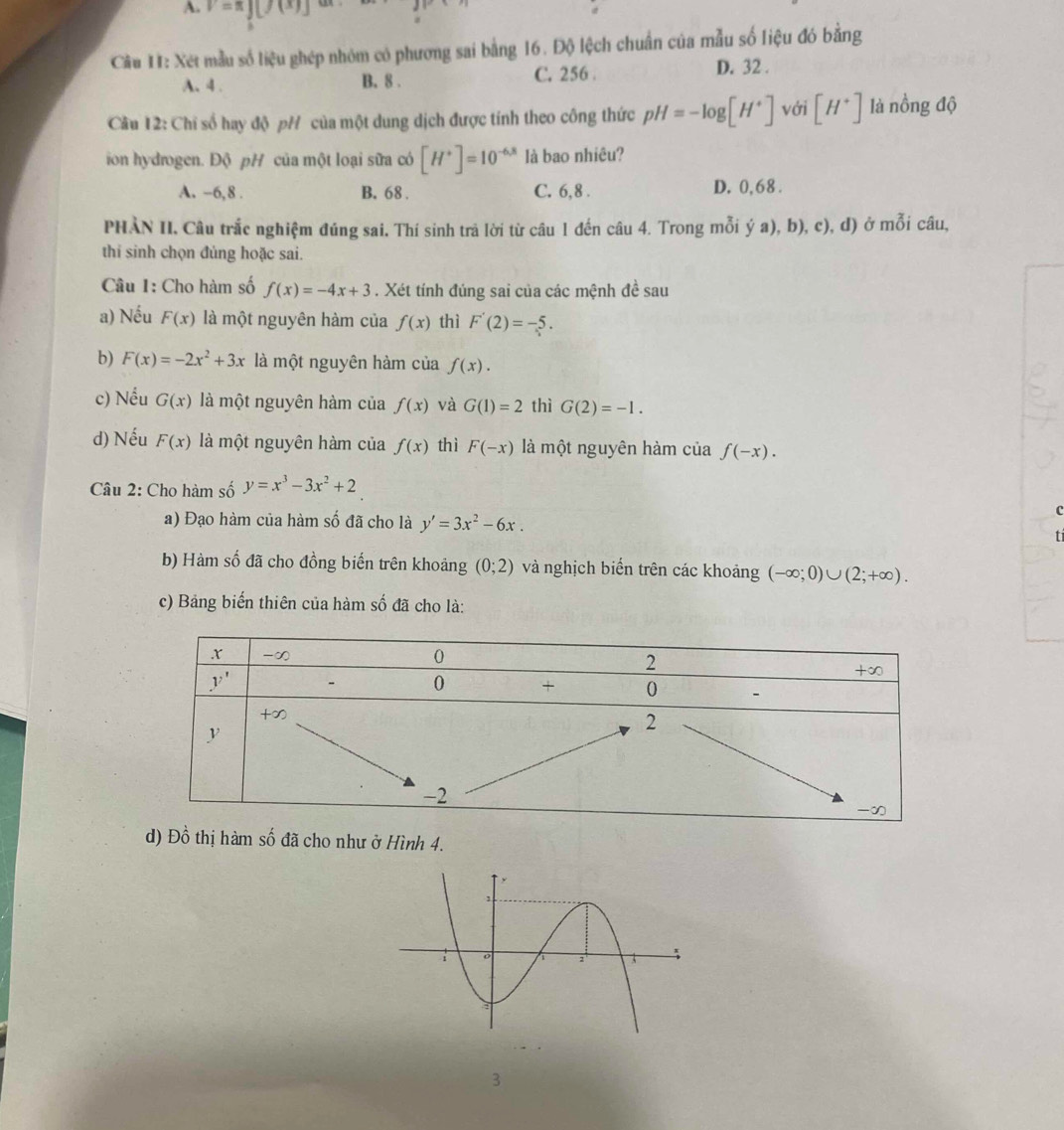 v=π j[j(x)]
Câu II: Xét mẫu số liệu ghép nhóm có phương sai bằng 16. Độ lệch chuẩn của mẫu số liệu đó bằng
A. 4 . B. 8 . C. 256 .
D. 32 .
Cầu 12: Chi số hay độ pH của một dung dịch được tính theo công thức pH=-log [H^+] với [H^+] là nồng độ
ion hydrogen. Độ pH của một loại sữa có [H^+]=10^(-6.8) là bao nhiêu?
A. -6,8 . B. 68 . C. 6,8 . D. 0,68.
PHÀN II. Câu trắc nghiệm đúng sai. Thí sinh trả lời từ câu 1 đến câu 4. Trong mỗi ý a), b), c), d) ở mỗi câu,
thi sinh chọn đúng hoặc sai.
Câu 1: Cho hàm số f(x)=-4x+3. Xét tính đúng sai của các mệnh đề sau
a) Nếu F(x) là một nguyên hàm của f(x) thì F'(2)=-5.
b) F(x)=-2x^2+3x là một nguyên hàm của f(x).
c) Nếu G(x) là một nguyên hàm của f(x) và G(1)=2 thì G(2)=-1.
d) Nếu F(x) là một nguyên hàm của f(x) thì F(-x) là một nguyên hàm của f(-x).
Câu 2: Cho hàm số y=x^3-3x^2+2
a) Đạo hàm của hàm số đã cho là y'=3x^2-6x.
c
ti
b) Hàm số đã cho đồng biến trên khoảng (0;2) và nghịch biển trên các khoảng (-∈fty ;0)∪ (2;+∈fty ).
c) Bảng biến thiên của hàm số đã cho là:
d) Đồ thị hàm số đã cho như ở Hình 4.
3