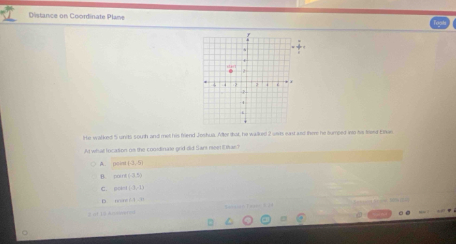 Distance on Coordinate Plane
E
He walked 5 units south and met his friend Joshua. After that, he walked 2 units east and there he bumped into his friend Ethan
At what location on the coordinate grid did Sam meet Ethan?
A. point (-3,-5)
B. ooint(-3,5)
C. point(-3,-1)
D Doind(-1,-3)
+ 014
2 of 10 Answered Sebsión Tumer 1 24 50%(16