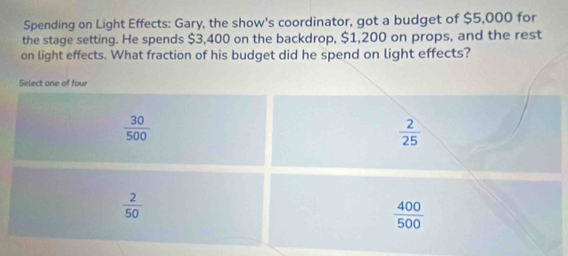 Spending on Light Effects: Gary, the show's coordinator, got a budget of $5,000 for
the stage setting. He spends $3,400 on the backdrop, $1,200 on props, and the rest
on light effects. What fraction of his budget did he spend on light effects?
Select one of four
 30/500 
 2/25 
 2/50 
 400/500 