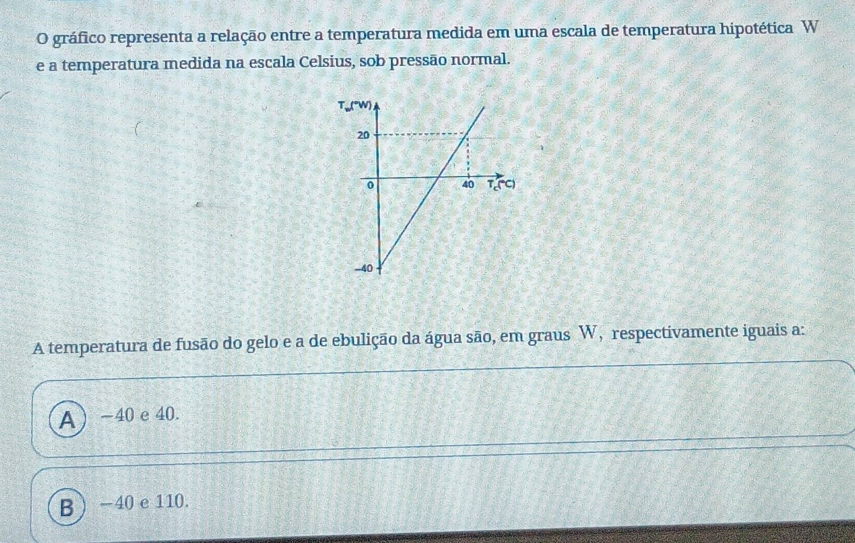 gráfico representa a relação entre a temperatura medida em uma escala de temperatura hipotética W
e a temperatura medida na escala Celsius, sob pressão normal.
A temperatura de fusão do gelo e a de ebulição da água são, em graus W, respectivamente iguais a:
A −40 e 40.
B −40 e 110.