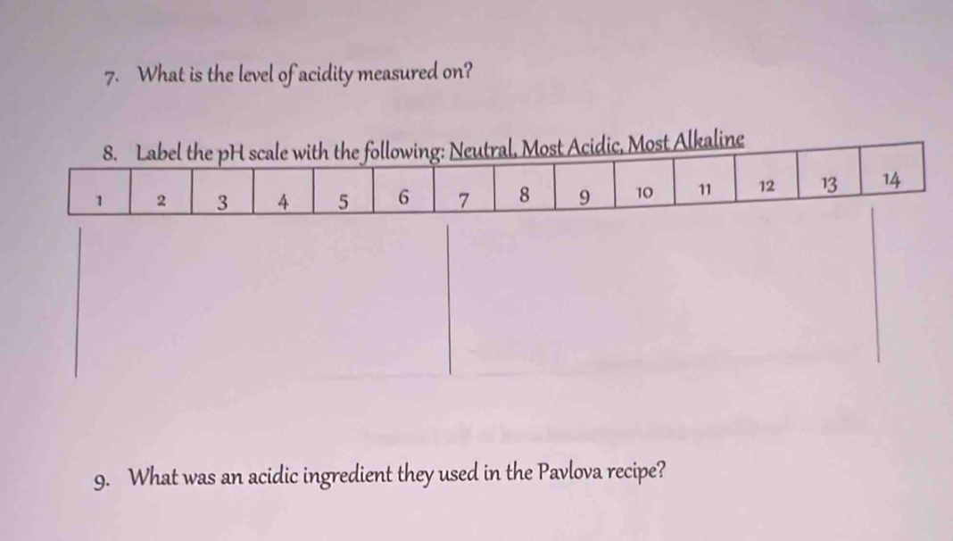 What is the level of acidity measured on? 
9. What was an acidic ingredient they used in the Pavlova recipe?