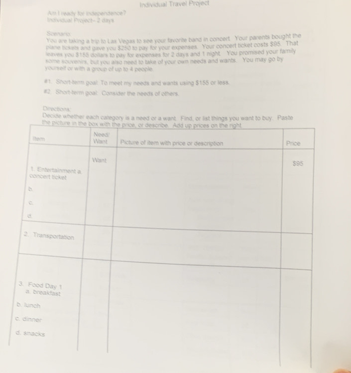 Individual Travel Project 
Am I ready for independence? 
Individual Project- 2 days
Scenario 
You are taking a trip to Las Vegas to see your favorite band in concert. Your parents bought the 
plane bickets and gave you $250 to pay for your expenses. Your concert ticket costs $95. That 
leaves you $155 dollars to pay for expenses for 2 days and 1 night. You promised your family 
some souvenirs, but you also need to take of your own needs and wants. You may go by 
yourself or with a group of up to 4 people. 
#1. Short-term goal: To meet my needs and wants using $155 or less. 
#2. Short-term goal: Consider the needs of others. 
Directions: 
Decide whethe