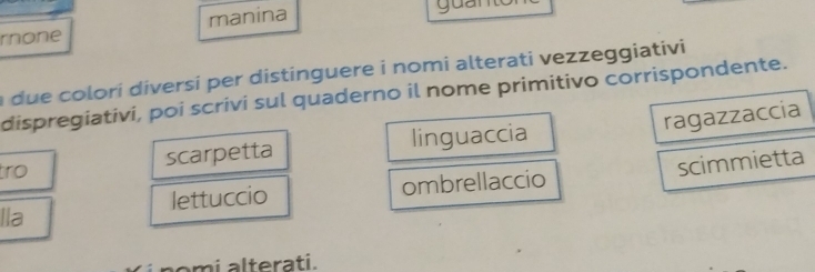 rnone manina 
du e colori diversi per distinguere i nomi alterati vezzeggiativi 
dispregiativi, poi scrivi sul quaderno il nome primitivo corrispondente. 
ragazzaccia 
scarpetta linguaccia 
tro 
IIa lettuccio ombrellaccio scimmietta 
nomi alterati.