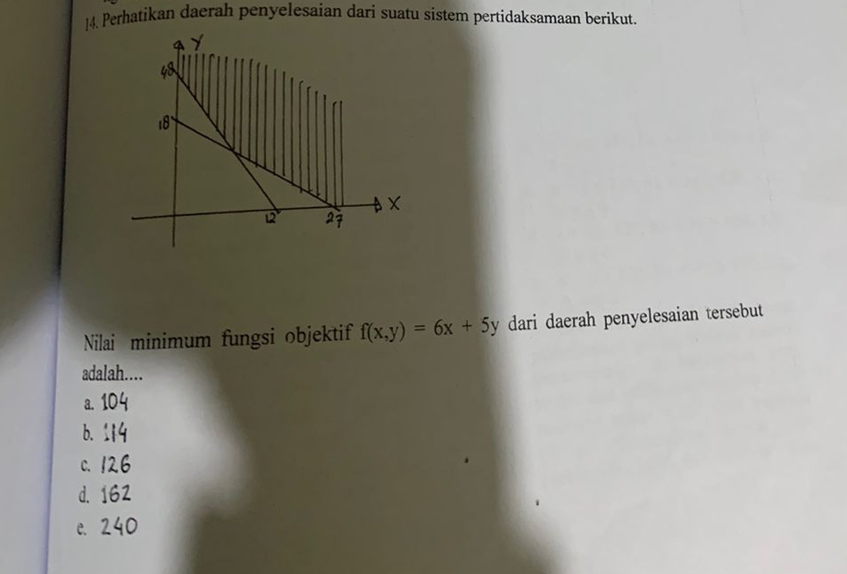 ]4. Perhatikan daerah penyelesaian dari suatu sistem pertidaksamaan berikut.
Nilai minimum fungsi objektif f(x,y)=6x+5y dari daerah penyelesaian tersebut
adalah....
a. 10
b. 1 . 12
d. 16
e. 2