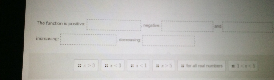 The function is positive: □ negative: =□ and □°
increasing: □ decreasing □ 
:: x>3 :: x<3</tex> :: x<1</tex> :: x>5 : for all real numbers : 1