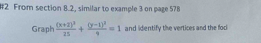 #2 From section 8.2, similar to example 3 on page 578 
Graph frac (x+2)^225+frac (y-1)^29=1 and identify the vertices and the foci