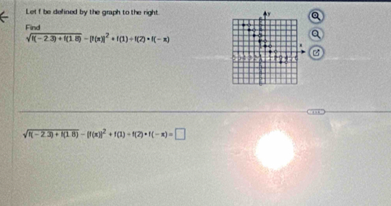 Let f be defined by the graph to the right. y
a 
Find
sqrt(f(-2.3)+f(1.8))-[f(x)]^2+f(1)+f(2)· f(-x)
a
x

sqrt(f(-2.3)+f(1.8))-[f(π )]^2+f(1)+f(2)· f(-π )=□