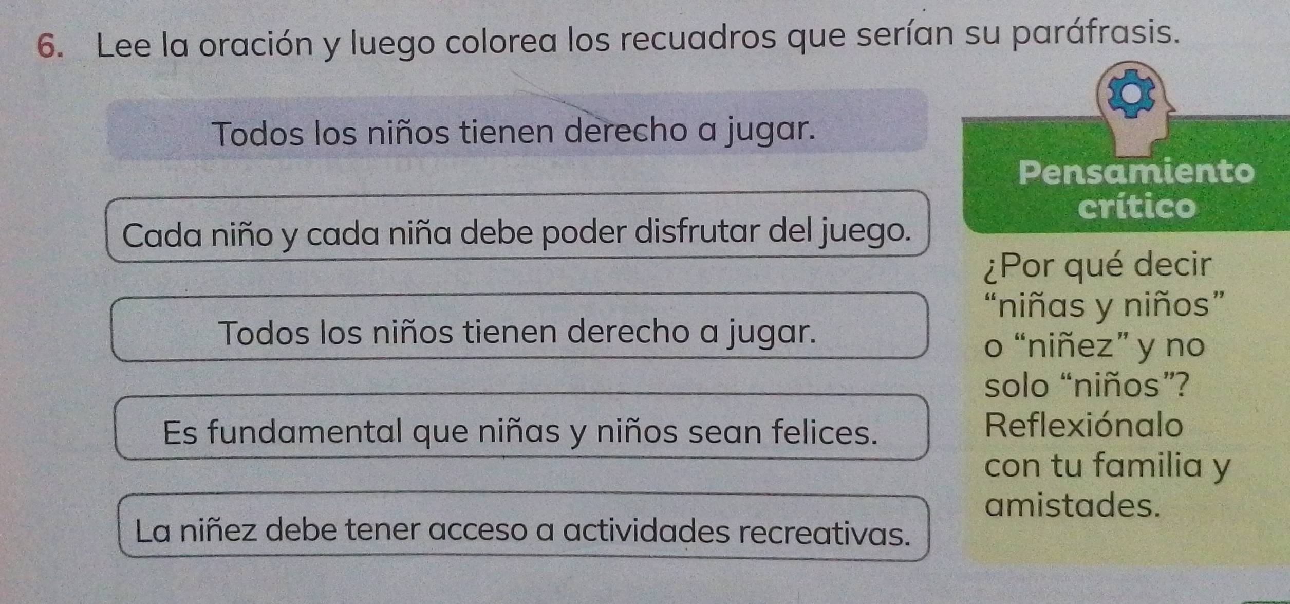 Lee la oración y luego colorea los recuadros que serían su paráfrasis. 
Todos los niños tienen derecho a jugar. 
Pensamiento 
crítico 
Cada niño y cada niña debe poder disfrutar del juego. 
¿Por qué decir 
“niñas y niños” 
Todos los niños tienen derecho a jugar. 
o “niñez” y no 
solo “niños”? 
Es fundamental que niñas y niños sean felices. 
Reflexiónalo 
con tu familia y 
amistades. 
La niñez debe tener acceso a actividades recreativas.