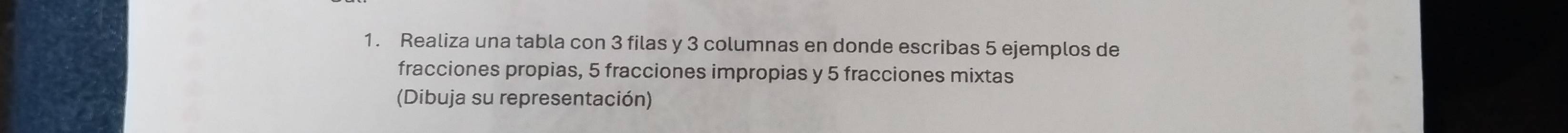 Realiza una tabla con 3 filas y 3 columnas en donde escribas 5 ejemplos de 
fracciones propias, 5 fracciones impropias y 5 fracciones mixtas 
(Dibuja su representación)