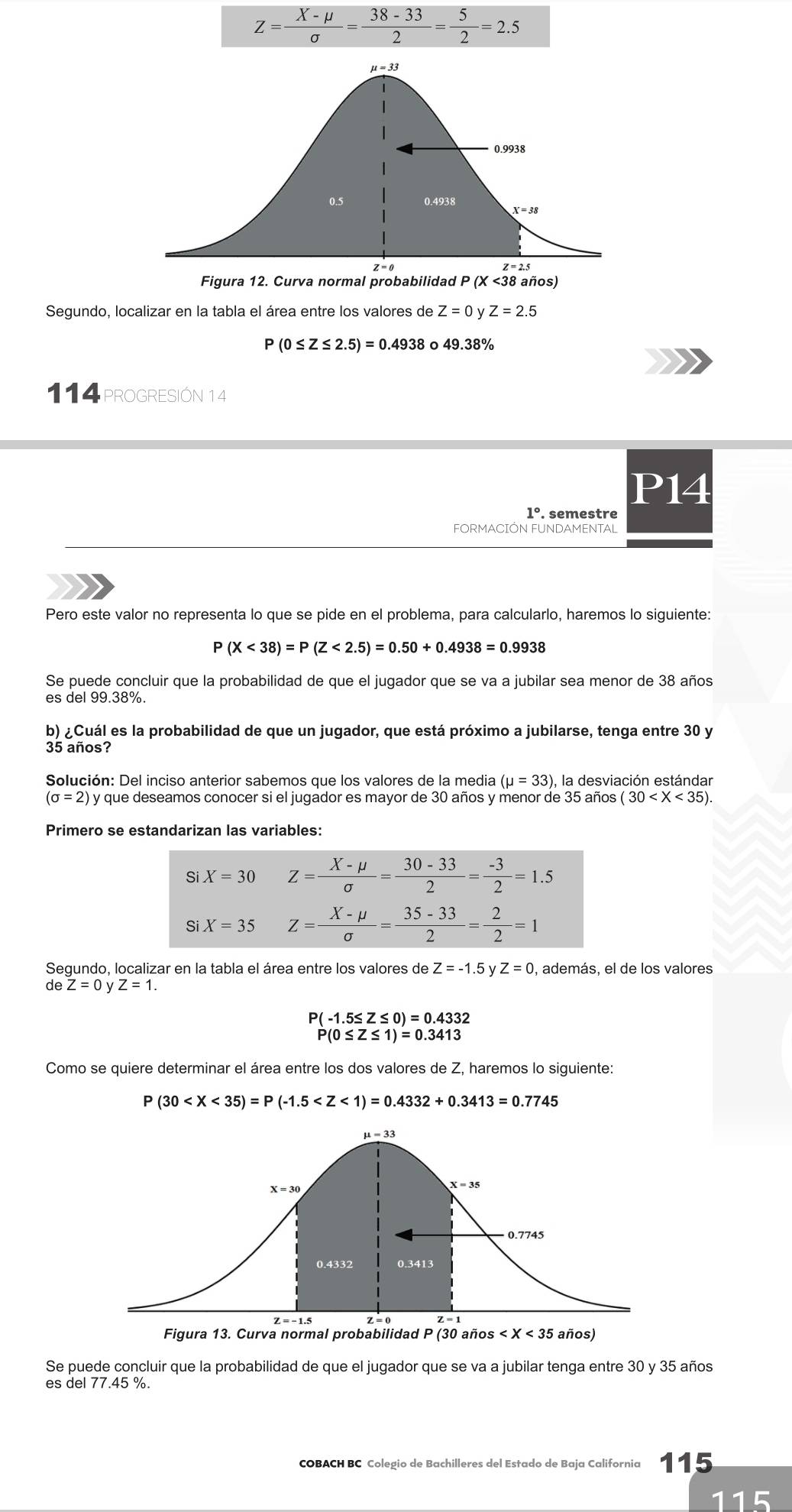 Z= (X-mu )/sigma  = (38-33)/2 = 5/2 =2.5
Segundo, localizar en la tabla el área entre los valores de Z=0 y Z=2.5
P(0≤ Z≤ 2.5)=0.4938 o 49.38%
114 PrOGRESIÓN 14
P14
1° semestre
FORMACIÓN FUNDAMENTAL
Pero este valor no representa lo que se pide en el problema, para calcularlo, haremos lo siguiente:
P(X<38)=P(Z<2.5)=0.50+0.4938=0.9938
Se puede concluir que la probabilidad de que el jugador que se va a jubilar sea menor de 38 años
es del 99.38%.
b) ¿Cuál es la probabilidad de que un jugador, que está próximo a jubilarse, tenga entre 30 y
35 años?
Solución: Del inciso anterior sabemos que los valores de la media (mu =33) ), la desviación estándar
(sigma =2)y y que deseamos conocer si el jugador es mayor de 30 años y menor de 35 años (30
Primero se estandarizan las variables:
Segundo, localizar en la tabla el área entre los valores de Z=-1.5 ν Z=0 , además, el de los valores
de Z=0yZ=1.
P(-1.5≤ Z≤ 0)=0.4332
P(0≤ Z≤ 1)=0.3413
Como se quiere determinar el área entre los dos valores de Z, haremos lo siguiente:
P(30
Se puede concluir que la probabilidad de que el jugador que se va a jubilar tenga entre 30 y 35 años
es del 77.45 %.
COBACH BC Colegio de Bachilleres del Estado de Baja California 115
115