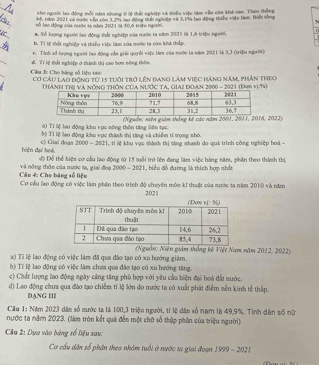 cho người lao động mỗi năm nhưng tỉ lệ thất nghiệp và thiếu việc làm vẫn còn khá cao. Theo thống
_
kê, năm 2021 cả nước văn còn 3,2% lao động thất nghiệp và 3,1% lao động thiếu việc làm. Biết tổng
số lao động của nước ta năm 2021 là 50,6 triệu người.
N
_
0
a. Số lượng người lao động thất nghiệp của nước ta năm 2021 là 1,6 triệu người.
_
b. Tỉ lệ thất nghiệp và thiếu việc làm của nước ta còn khá thấp.
c. Tính số lượng người lao động cần giải quyết việc làm của nước ta năm 2021 là 3,3 (triệu người)
_
d. Tỉ lệ thất nghiệp ở thành thị cao hơn nông thôn.
Câu 3: Cho bảng số liệu sau:
Cơ cÁU LAO độNG từ 15 tUÔI tRở LÊN đANG LAM VIệC HÀNG năm, phÂN THEO
THÀNH THỊ VÀ NÔNG THÔN CỦA NƯỚC TA, GIAI ĐOẠN 2000 - 2021 (Đơn vị:%)
(Nguồn: niên giám thống kê các năm 2001, 2011, 2016, 2022)
a) Tỉ lệ lao động khu vực nông thôn tăng liên tục.
b) Tỉ lệ lao động khu vực thành thị tăng và chiếm tỉ trọng nhỏ.
c) Giai đoạn 2000 - 2021, tỉ lệ khu vực thành thị tăng nhanh do quá trình công nghiệp hoá -
hiện đại hoá.
d) Để thể hiện cơ cấu lao động từ 15 tuổi trở lên đang làm việc hàng năm, phân theo thành thị
và nông thôn của nước ta, giai đoạ 2000 - 2021, biểu đồ đường là thích hợp nhất
Câu 4: Cho bảng số liệu
Cơ cấu lao động có việc làm phân theo trình độ chuyên môn kĩ thuật của nước ta năm 2010 và năm
2021
(Nguồn: Niên giám thống kê Việt Nam năm 2012, 2022)
a) Tỉ lệ lao động có việc làm đã qua đào tạo có xu hướng giảm.
b) Tỉ lệ lao động có việc làm chưa qua đào tạo có xu hướng tăng.
c) Chất lượng lao động ngày càng tăng phù hợp với yêu cầu hiện đại hoá đất nước.
d) Lao động chưa qua đào tạo chiếm tỉ lệ lớn do nước ta có xuất phát điểm nền kinh tế thấp.
DạNG III
Câu 1: Năm 2023 dân số nước ta là 100,3 triệu người, tỉ lệ dân số nam là 49,9%. Tính dân số nữ
nước ta năm 2023. (làm tròn kết quả đến một chữ số thập phân của triệu người)
Câu 2: Dựa vào bảng số liệu sau:
Cơ cấu dân số phân theo nhóm tuổi ở nước ta giai đoạn 1999-2021