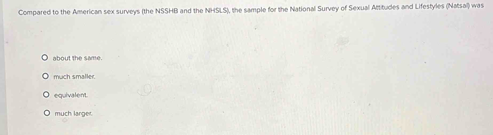 Compared to the American sex surveys (the NSSHB and the NHSLS), the sample for the National Survey of Sexual Attitudes and Lifestyles (Natsal) was
about the same.
much smaller.
equivalent.
much larger.