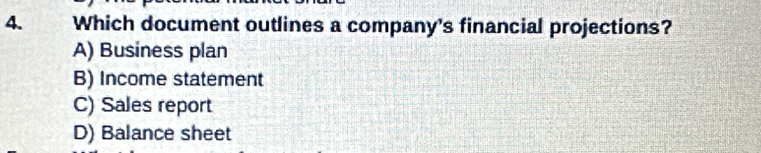 Which document outlines a company's financial projections?
A) Business plan
B) Income statement
C) Sales report
D) Balance sheet