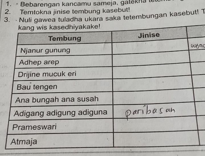 1.· Bebarengan kancamu sameja, gatekna let 
2. Temtokna jinise tembung kasebut! 
3. Nuli gawea tuladha ukara saka tetembungan kasebut! T 
no