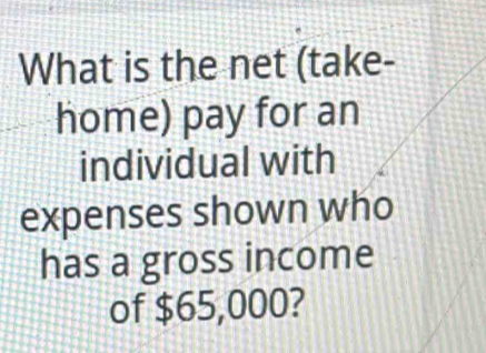 What is the net (take- 
home) pay for an 
individual with 
expenses shown who 
has a gross income 
of $65,000?