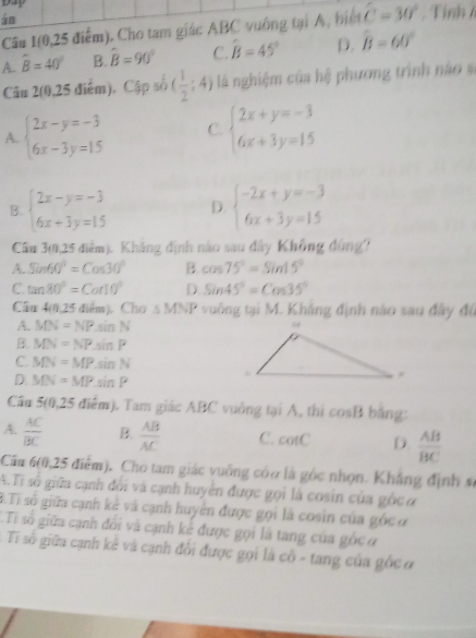 D49
án . Tính  
Câu 1(0,25 điểm). Cho tam giác ABC vuống tại A, biết hat C=30°
A overline B=40° B widehat B=90° C. hat B=45° D. hat B=60°
Câu 2(0,25 điểm), Cập số ( 1/2 ;4) là nghiệm của hệ phương trình nào
A. beginarrayl 2x-y=-3 6x-3y=15endarray. C. beginarrayl 2x+y=-3 6x+3y=15endarray.
B. beginarrayl 2x-y=-3 6x+3y=15endarray. D. beginarrayl -2x+y=-3 6x+3y=15endarray.
Câu 300,25 điểm). Khẳng định nào sau dây Không đùng?
A. Sin60°=Cos30° B. cos 75°=sin 15°
C. tan 80°=Cor10° D. Sin45°=Con35°
Cầu 4(0,25 điểm), Cho △ MNP vuống tại M. Khẳng định nào sau đây đú
A. MN=NPsin N
B. MN=NPsin P
C. MN=MPsin N
D. MN=MPsin P
Cầu 5(0,25 điểm). Tam giác ABC vuởng tại A, thì cos B bǎng:
A.  AC/BC  B.  AB/AC  C. cot C D.  AB/BC 
Câm 6(0,25 điểm). Cho tam giác vuống cóo là góc nhọn. Khẳng định sĩ
A.Ti số giữa cạnh đổi và cạnh huyên được gọi là cosin của gốcơ
B.Ti số giữa cạnh kẻ và cạnh huyên được gọi là cosin của góc ơ
:.Ti số giữa cạnh đổi và cạnh kẻ được gọi là tang của gốc ơ
Tỉ số giữa cạnh kê và cạnh đổi được gọi là cô - tang của gốc ở