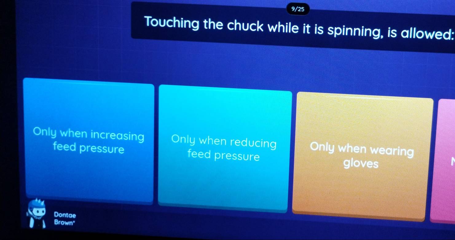 9/25
Touching the chuck while it is spinning, is allowed:
Only when increasing Only when reducing Only when wearing
feed pressure feed pressure gloves
Dontae
Brown*