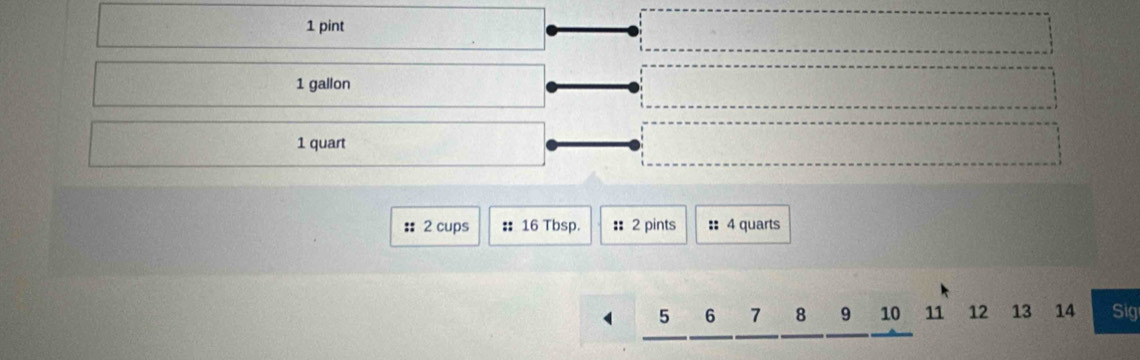 pint
1 gallon
1 quart 
: 2 cups :: 16 Tbsp. : 2 pints :: 4 quarts 
__ 
_
5 6 7 8 9 10 11 12 13 14 Sig