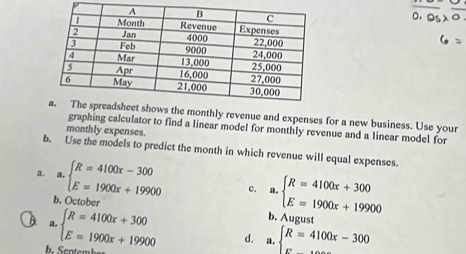 monthly revenue and expenses for a new business. Use your
graphing calculator to find a linear model for monthly revenue and a linear model for
monthly expenses.
b. Use the models to predict the month in which revenue will equal expenses.
a. a. beginarrayl R=4100x-300 E=1900x+19900endarray. a. beginarrayl R=4100x+300 E=1900x+19900endarray.
c.
b. October
B. a. beginarrayl R=4100x+300 E=1900x+19900endarray.
b. August
d. a. beginarrayl R=4100x-300 F_ endarray.
b entembs