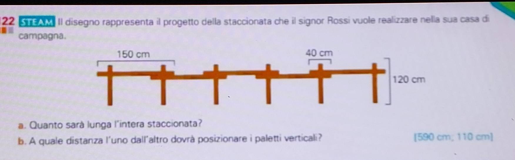 STEAM II disegno rappresenta il progetto della staccionata che il signor Rossi vuole realizzare nella sua casa di 
campagna. 
a. Quanto sarà lunga l'intera staccionata? 
b. A quale distanza l'uno dall'altro dovrà posizionare i paletti verticali? [ 590 cm, 110 cm ]