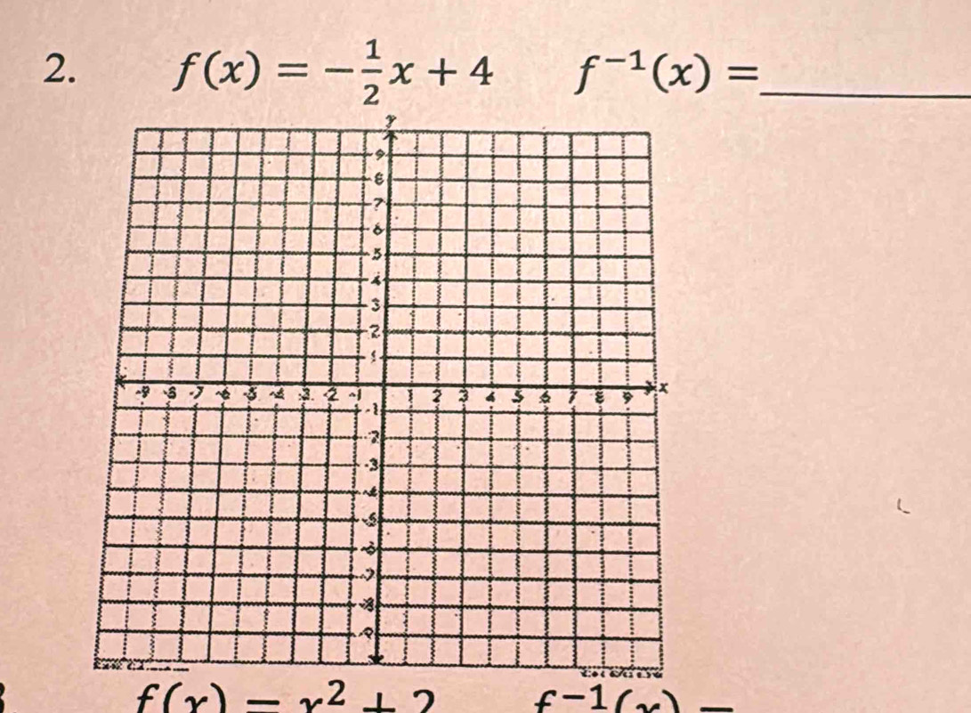 f(x)=- 1/2 x+4 f^(-1)(x)= _
f(x)=x^2+2
f^(-1)(x)-