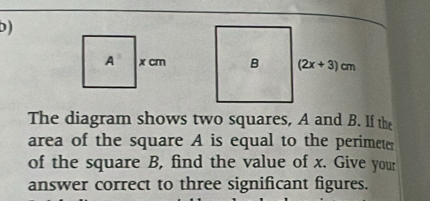 The diagram shows two squares, A and B. If the
area of the square A is equal to the perimeter
of the square B, find the value of x. Give your
answer correct to three significant figures.