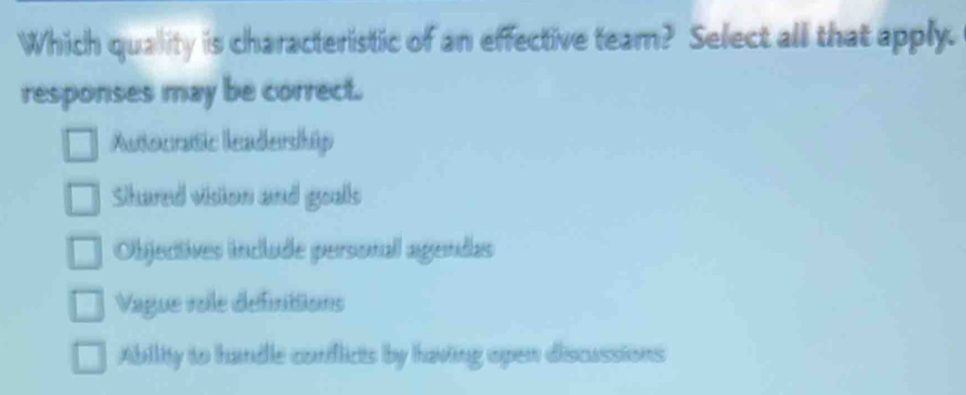 Which quality is characteristic of an effective team? Select all that apply.
responses may be correct.
Autocratic leadership
Shared vision and goals
Objectives include personal agendas
Vague role définitions
Abiiy to handle conflicts by having open discussions