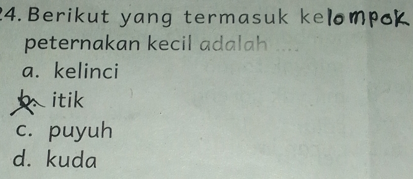 Berikut yang termasuk kelompok
peternakan kecil adalah
a. kelinci
itik
c. puyuh
d. kuda