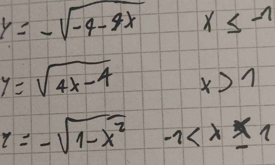 y=-sqrt(-4-4x)
x≤ -7
y=sqrt(4x-4)
x>7
1=-sqrt(1-x^2)-1