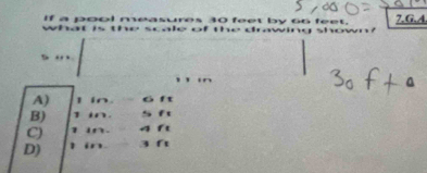 what If a pool meas 30 feet by 66 feet. 7.G.A.
5“ 
in
A) 1 in 6 f t
B) 1 f t
C) 1 in

D) 1 I