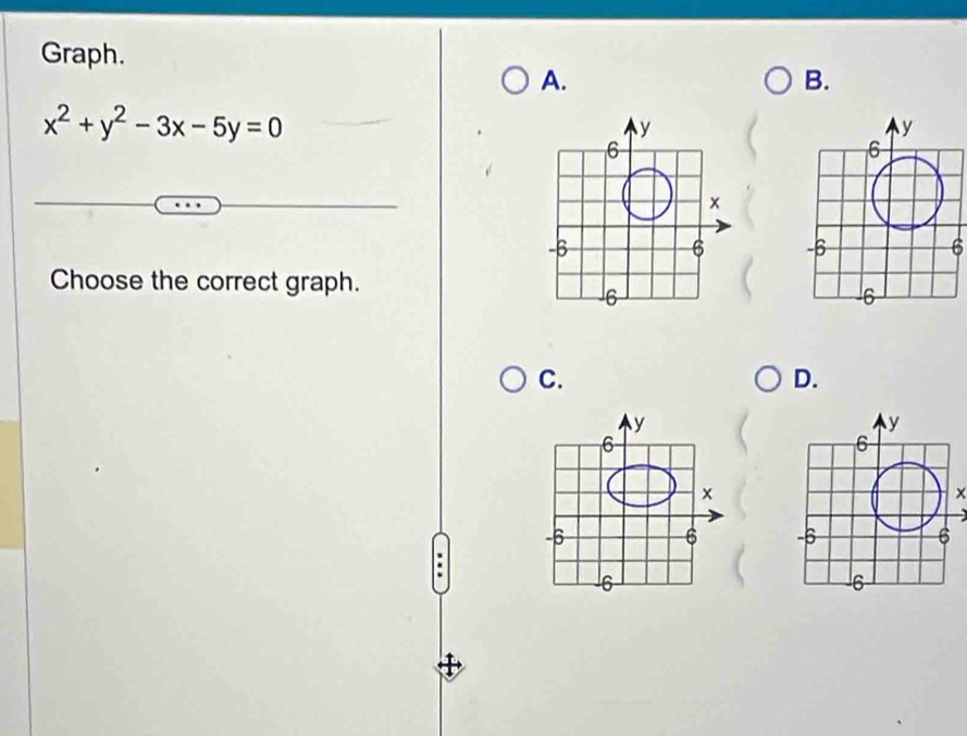 Graph. 
A. 
B.
x^2+y^2-3x-5y=0
6 
Choose the correct graph. 
C. 
D. 
×