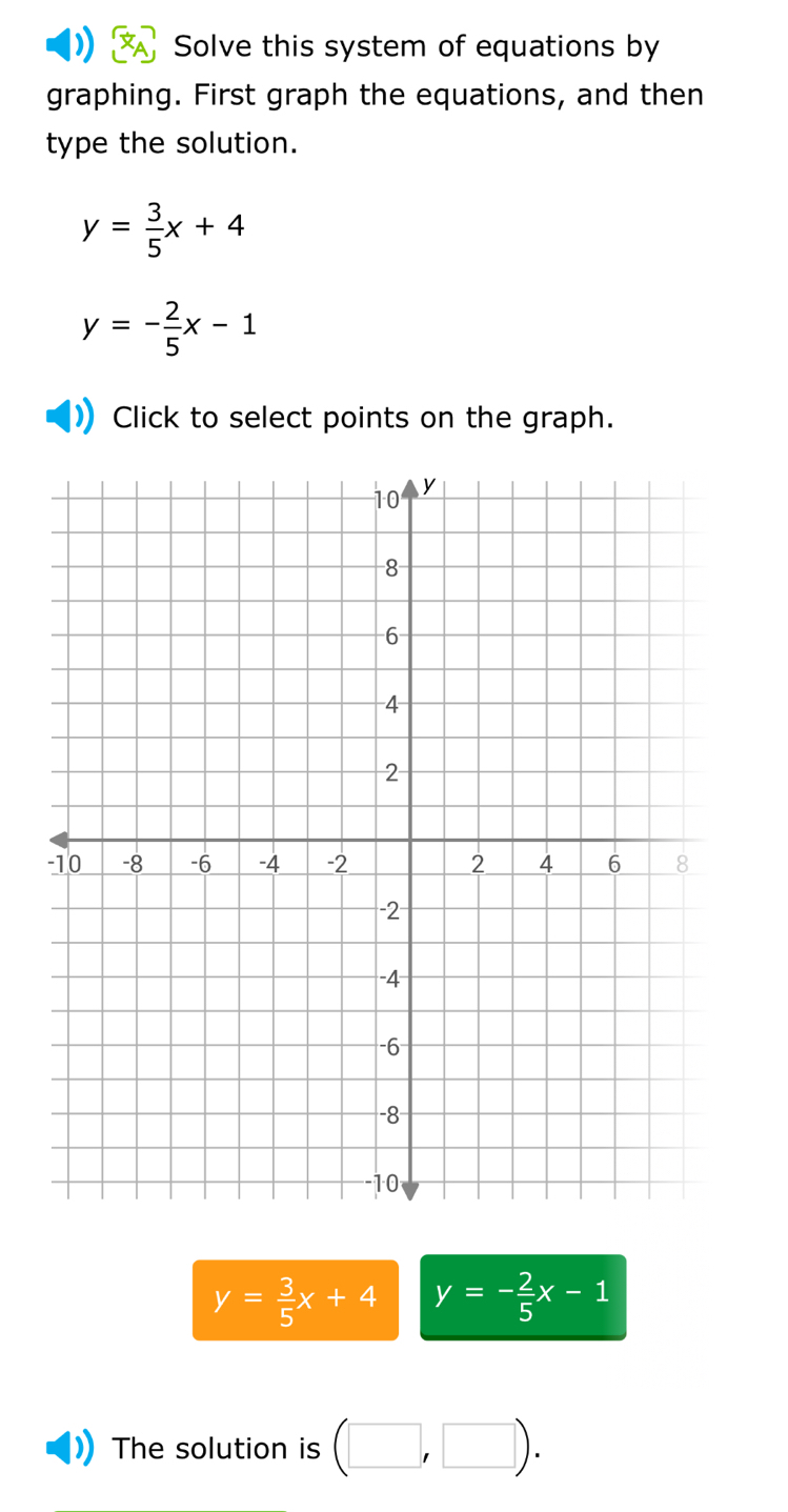 Solve this system of equations by 
graphing. First graph the equations, and then 
type the solution.
y= 3/5 x+4
y=- 2/5 x-1
Click to select points on the graph.
y= 3/5 x+4 y=- 2/5 x-1
The solution is (□ ,□ ).