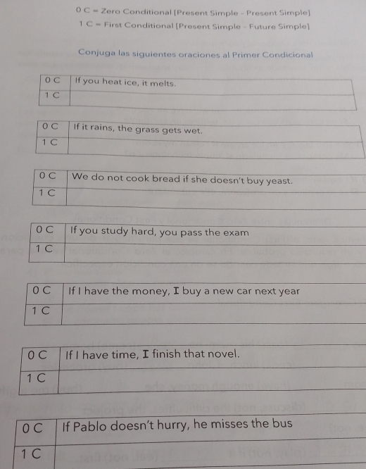 = Zero Conditional [Present Simple - Present Simple] 
1 C = First Conditional [Present Simple - Future Simple] 
Conjuga las siguientes oraciones al Primer Condicional 
0 C If you heat ice, it melts.
1 C 
0 C If it rains, the grass gets wet.
1 C 
0 C We do not cook bread if she doesn't buy yeast.
1 C 
0C If you study hard, you pass the exam
1 C 
0 C If I have the money, I buy a new car next year
1 C
0 C If I have time, I finish that novel.
1 C 
0 C If Pablo doesn’t hurry, he misses the bus 
1C