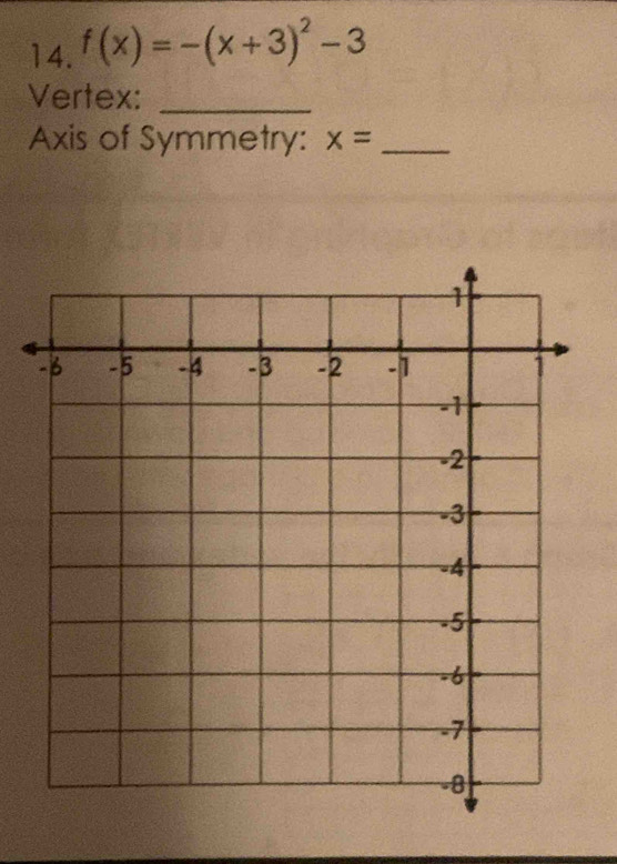 f(x)=-(x+3)^2-3
Vertex:_ 
Axis of Symmetry: x= _