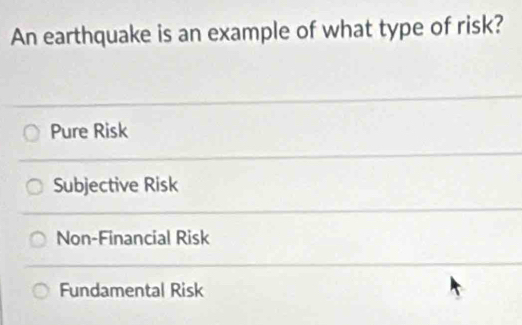Solved: An earthquake is an example of what type of risk? Pure Risk ...
