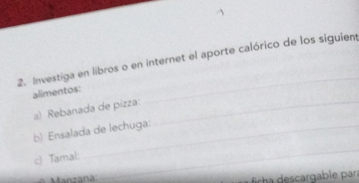 Investiga en libros o en internet el aporte calórico de los siguiem 
alimentos: 
_ 
a) Rebanada de pizza: 
_ 
_ 
_ 
b) Ensalada de lechuga:_ 
_ 
c) Tamal: 
_ 
Manzaña 
_ 
fcha descargable para