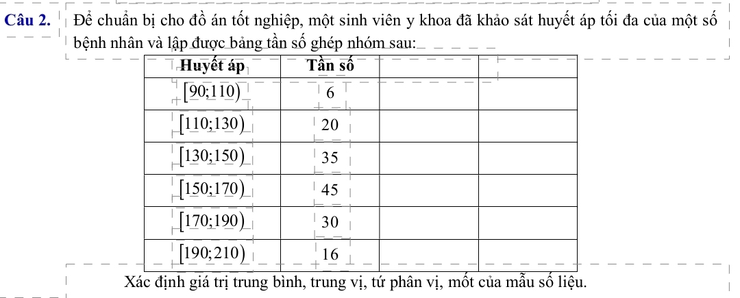 Để chuẩn bị cho đồ án tốt nghiệp, một sinh viên y khoa đã khảo sát huyết áp tối đa của một số
bệnh nhân và lập được bảng tần số ghép nhóm sau:_
Xác định giá trị trung bình, trung vị, tứ phân vị, mốt của mẫu số liệu.