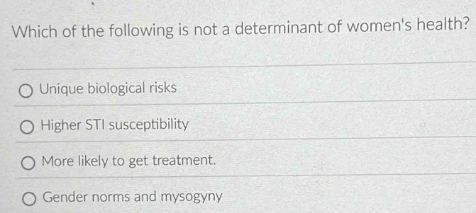 Which of the following is not a determinant of women's health?
Unique biological risks
Higher STI susceptibility
More likely to get treatment.
Gender norms and mysogyny