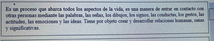 Es un proceso que abarca todos los aspectos de la vida, es una manera de entrar en contacto con 
otras personas mediante las palabras, las señas, los dibujos, los signos, las conductas, los gestos, las 
actitudes, las emociones y las ideas. Tiene por objeto crear y desarrollar relaciones humanas, sanas 
y significativas.