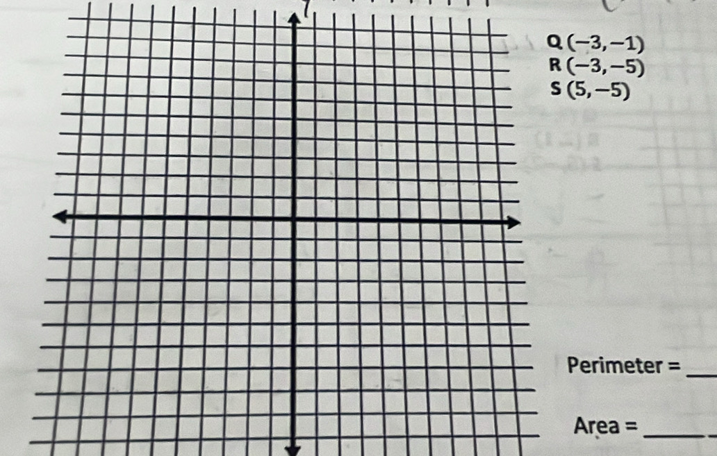 Q(-3,-1)
R(-3,-5)
S(5,-5)
Perimeter =_ 
Area =_