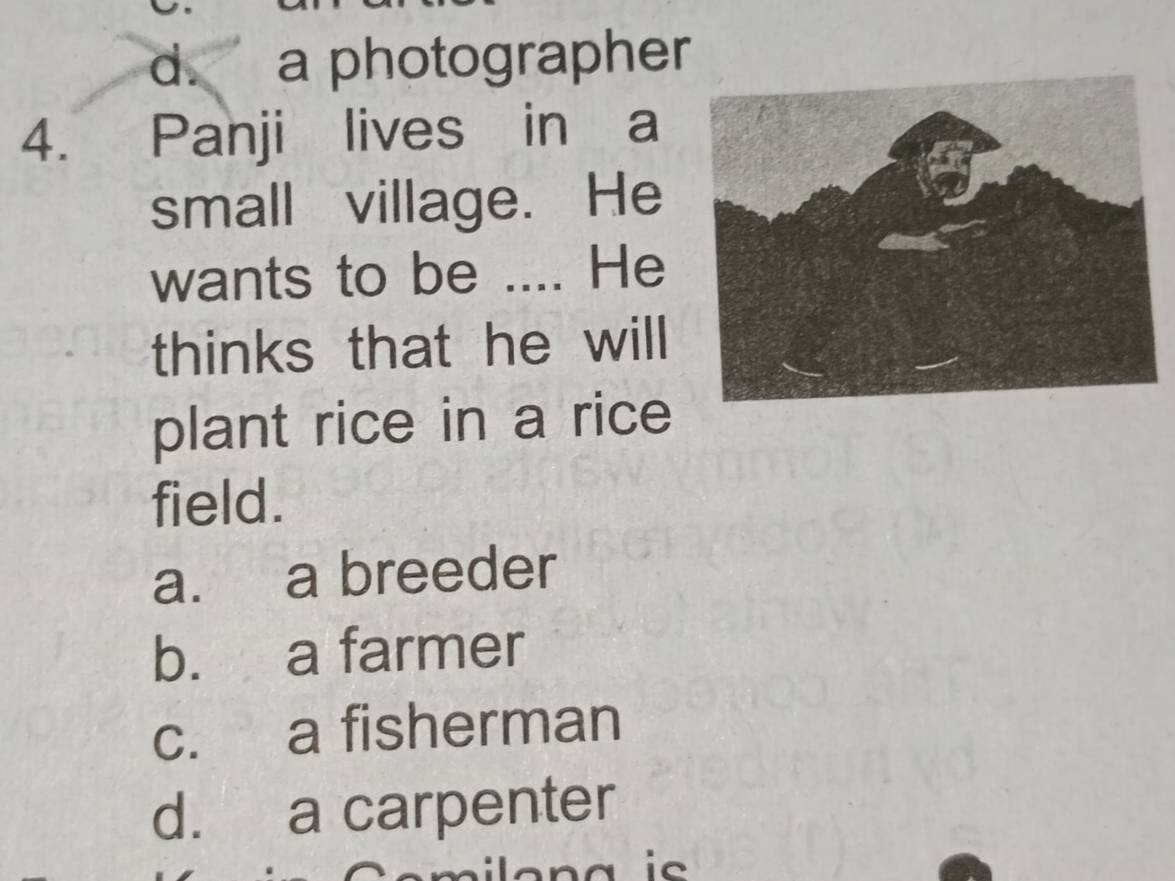 d. a photographer
4. Panji lives in a
small village. He
wants to be .... He
thinks that he will
plant rice in a rice
field.
a. a breeder
b. a farmer
c. a fisherman
d. a carpenter
a ie