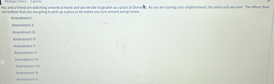 You and a friend are watching'a movie at home and you decide to go pick up a pizza at Dominus. As you are leaving your neighborhood, the police pull you over. The officer does
not believe that you are going to pick up a pizza so he makes you turn around and go home.
Amendment I
Amendment II
Amendment III
Amendment IV
Amendment V
Amendment VI
Amendment VII
Amendment VIII
Amendment IX
Amendment X