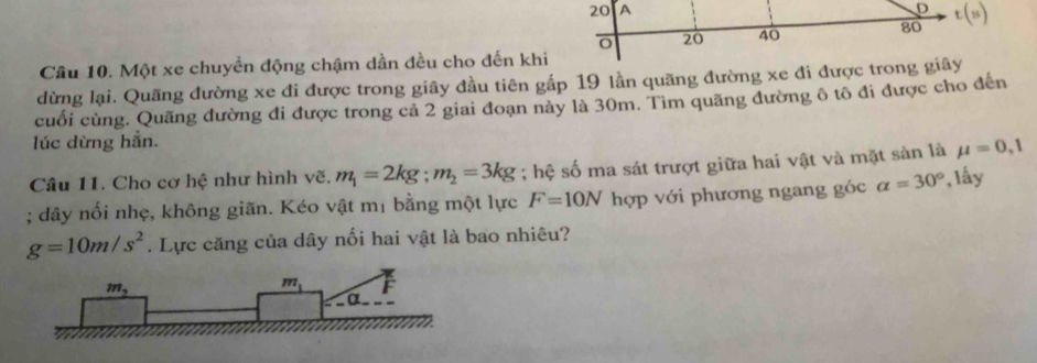 Một xe chuyền động chậm dần đều cho đến khi
dừng lại. Quãng đường xe đi được trong giây đầu tiên gấp 19 lần quãng đường xe đi được trong giây
cuối cùng. Quãng đường đi được trong cả 2 giai đoạn này là 30m. Tìm quăng đường ô tô đi được cho đến
lúc dừng hắn.
Câu 11. Cho cơ hệ như hình vẽ. m_1=2kg;m_2=3kg; hệ số ma sát trượt giữa hai vật và mặt sản là mu =0,1; dây nối nhẹ, không giãn. Kéo vật mị bằng một lực F=10N hợp với phương ngang góc alpha =30° ,lấy
g=10m/s^2. Lực căng của dây nối hai vật là bao nhiêu?