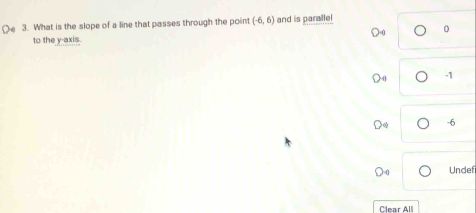 What is the slope of a line that passes through the point (-6,6) and is parallel
00)
0
to the y-axis.
-1
-6
Undef
Clear All