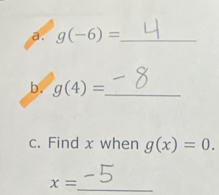 g(-6)= _ 
b. g(4)= _ 
c. Find x when g(x)=0. 
_
x=